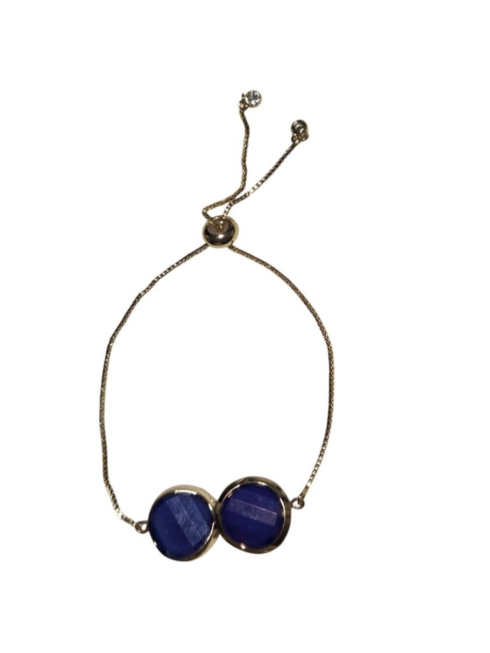 Boho Station Bracelet Blue Cats Eye Double Oval Bezel Set Adjustable Slider